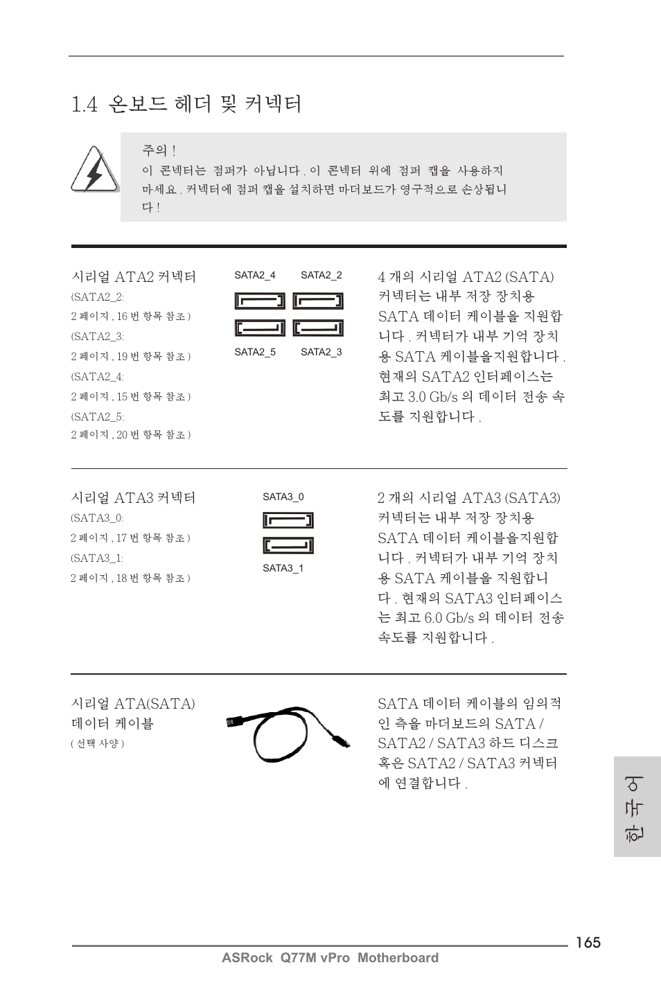 한 국 어 1.4 온보드 헤더 및 커넥터 | ASRock Q77M vPro User Manual | Page 165 / 226