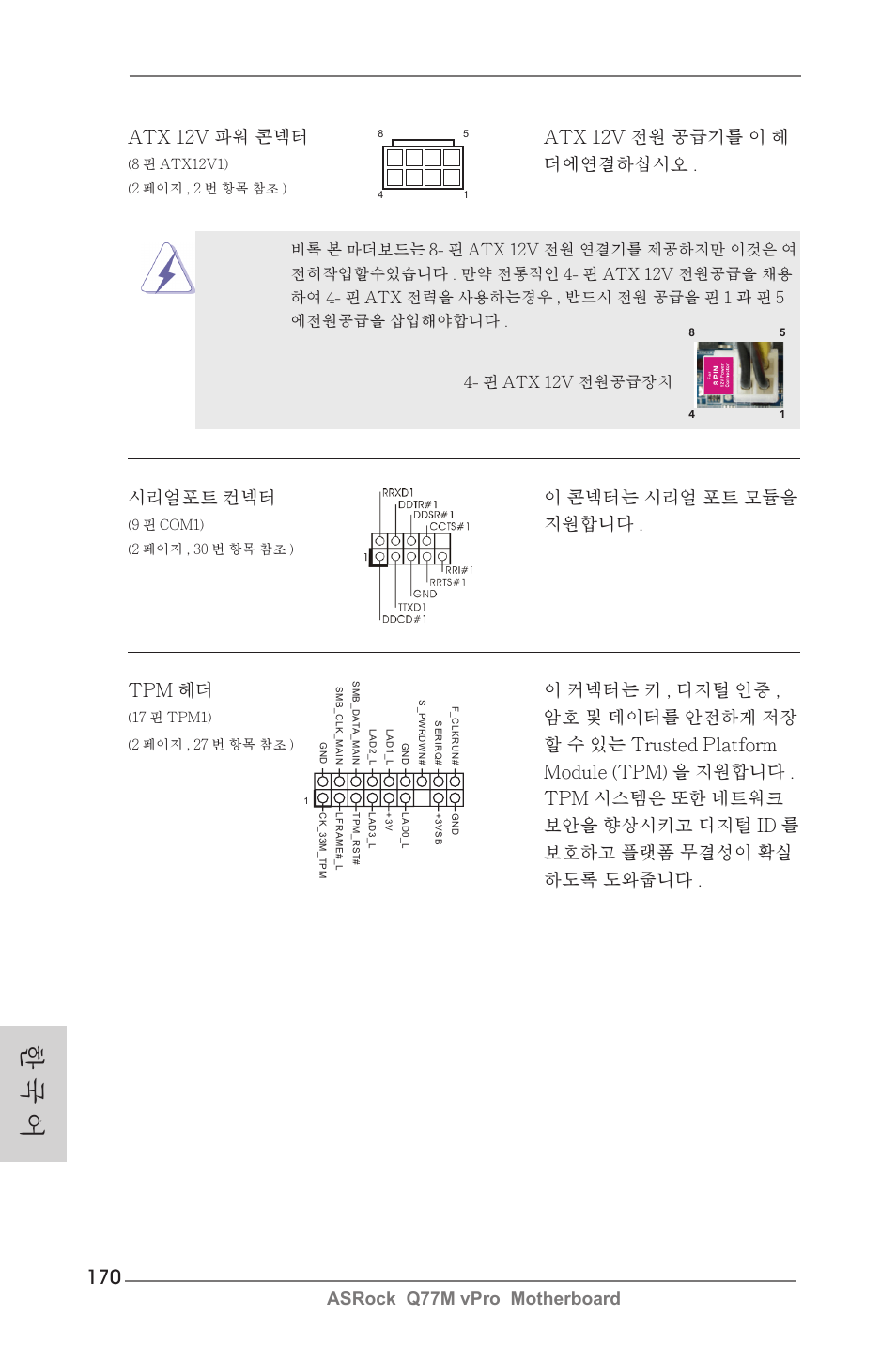 한 국 어, 더에연결하십시오, 시리얼포트 컨넥터 이 콘넥터는 시리얼 포트 모듈을 | 지원합니다, Tpm 헤더 이 커넥터는 키 , 디지털 인증, 암호 및 데이터를 안전하게 저장 | ASRock Q77M vPro User Manual | Page 170 / 226