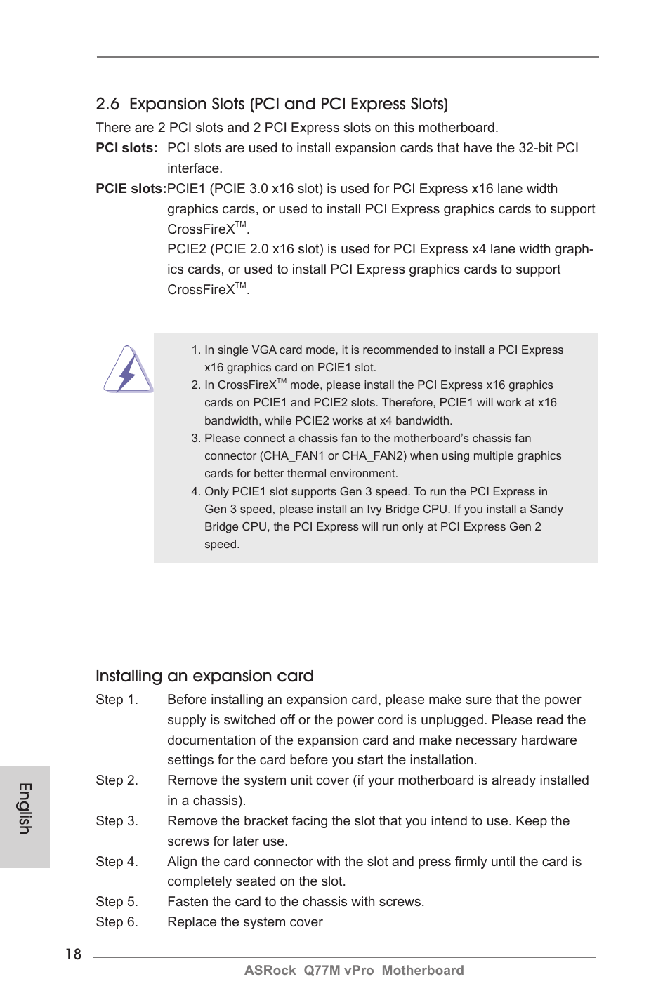 Installing an expansion card | ASRock Q77M vPro User Manual | Page 18 / 226