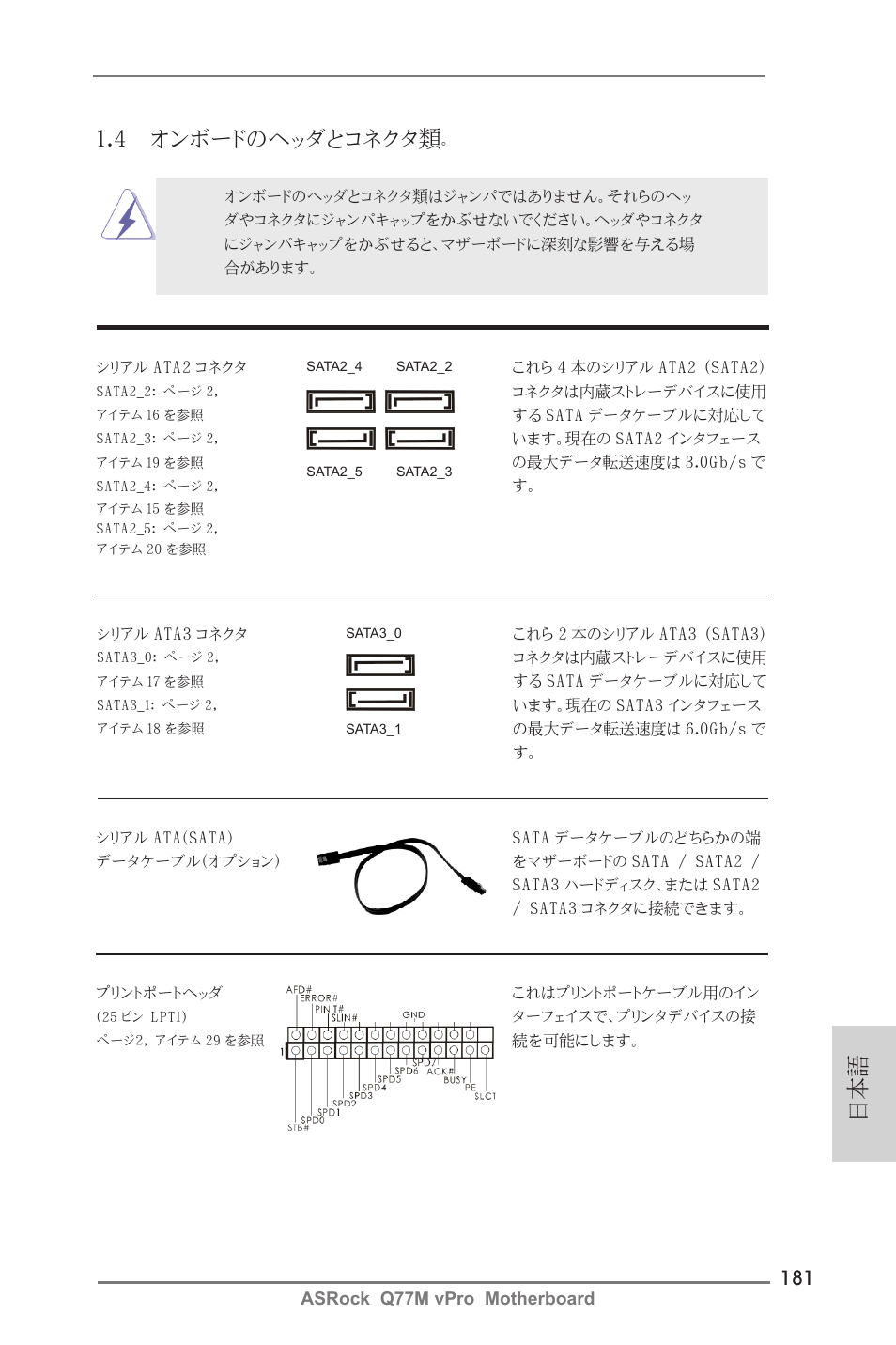 日本語 1.4 オンボードのヘッダとコネクタ類 | ASRock Q77M vPro User Manual | Page 181 / 226