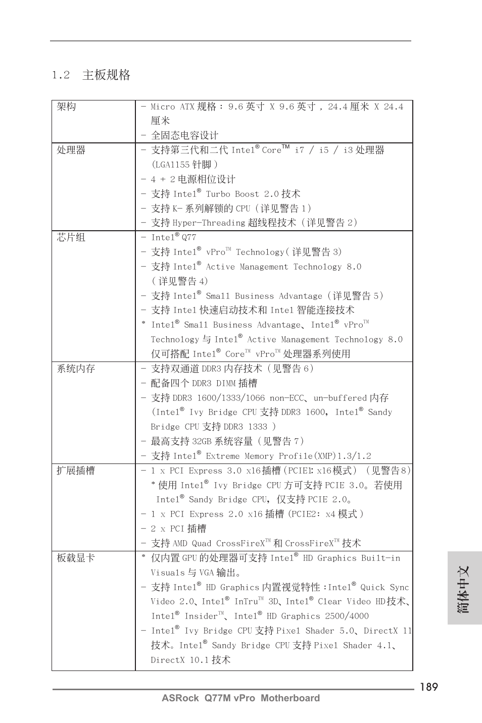 簡體中文 1.2 主板規格 | ASRock Q77M vPro User Manual | Page 189 / 226
