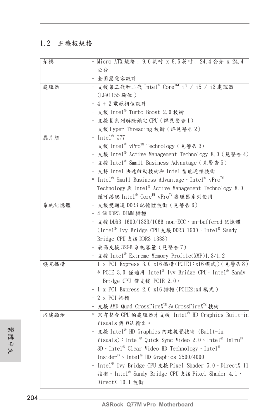 2 主機板規格, 繁體中文 | ASRock Q77M vPro User Manual | Page 204 / 226