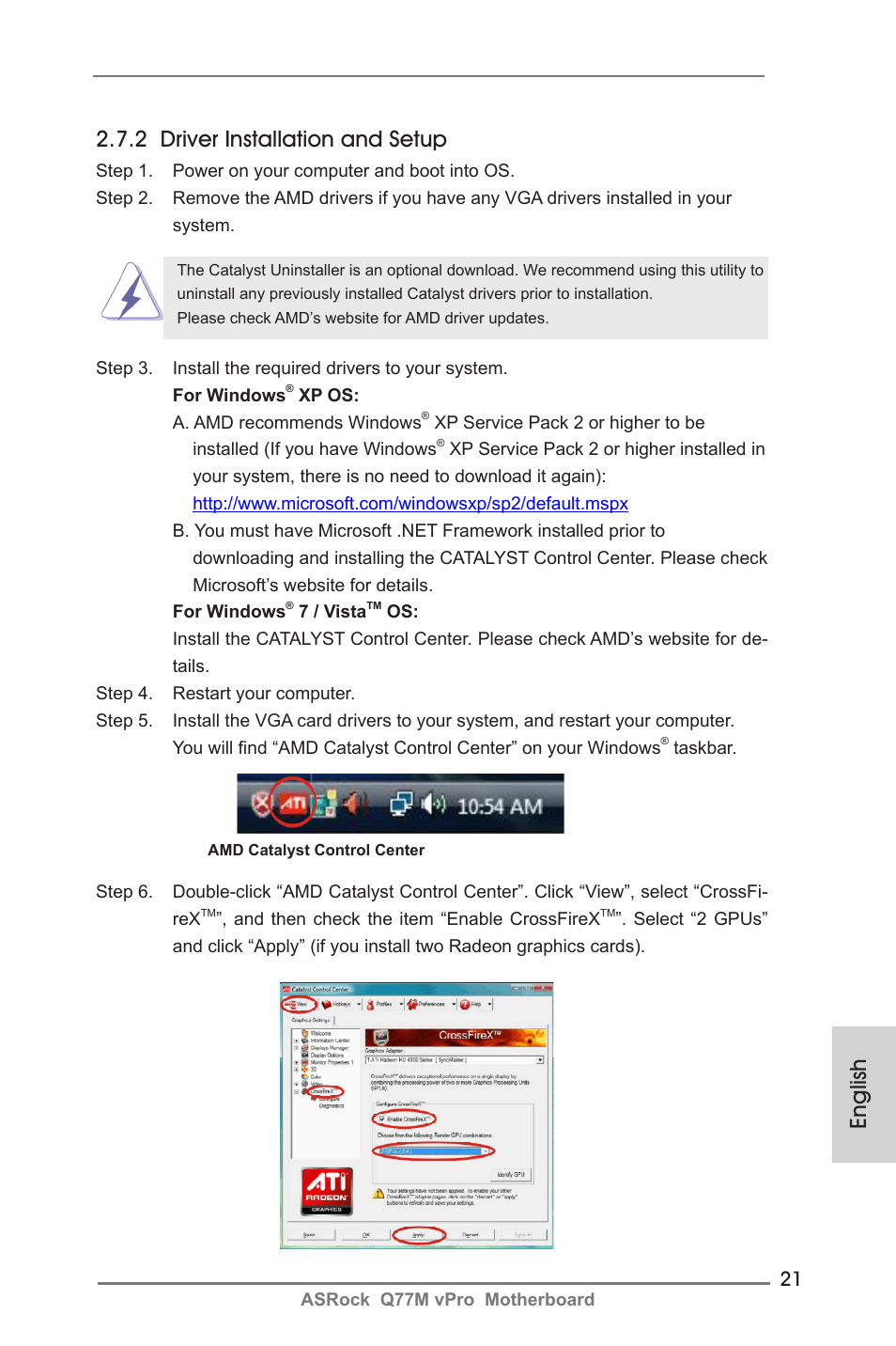 English, 2 driver installation and setup | ASRock Q77M vPro User Manual | Page 21 / 226