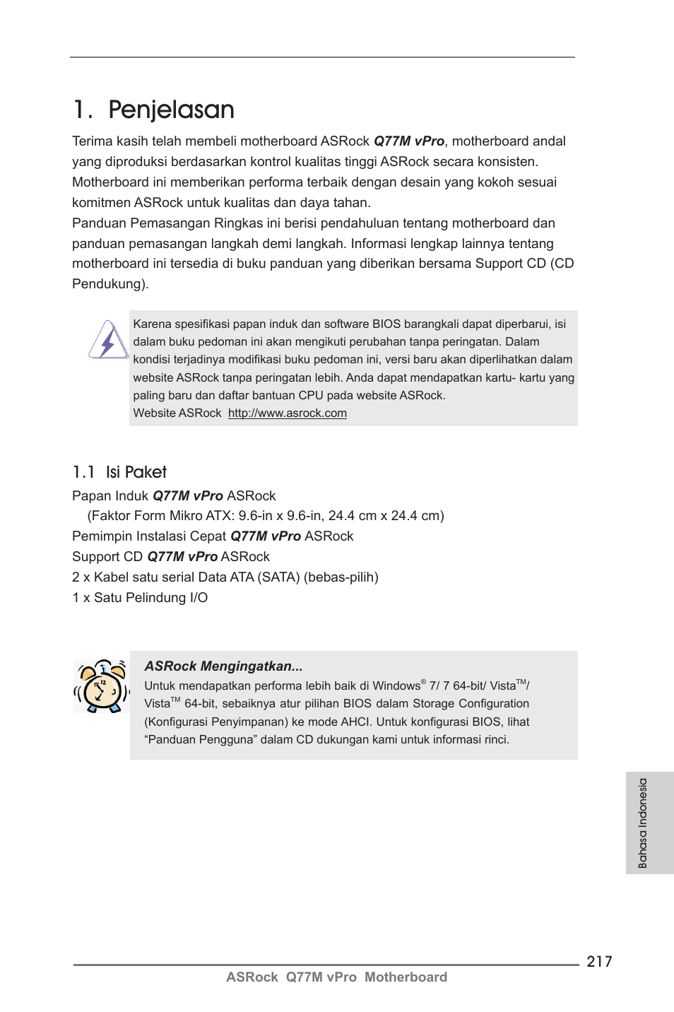 Indonesian, Penjelasan, 1 isi paket | ASRock Q77M vPro User Manual | Page 217 / 226