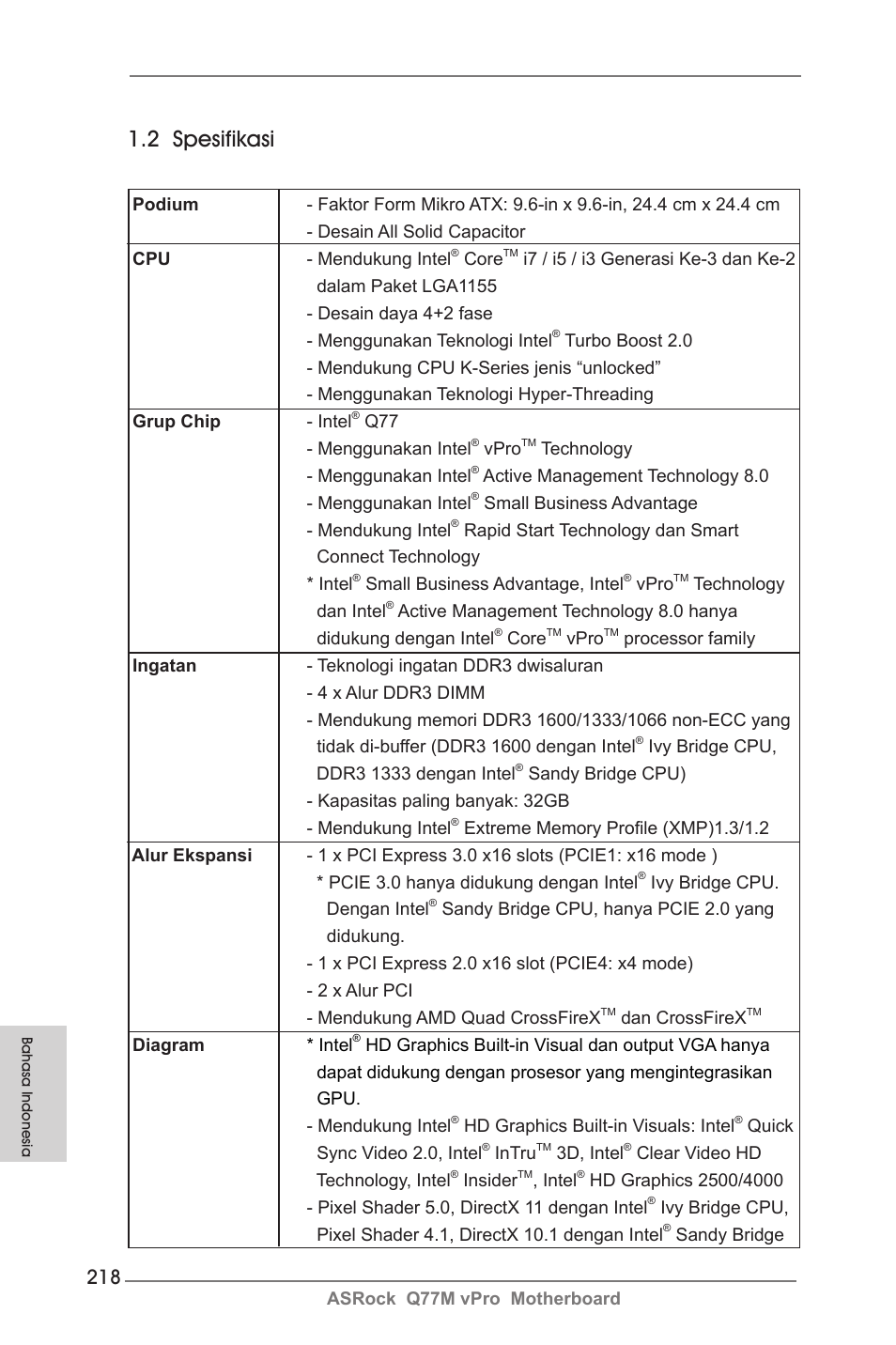 2 spesifikasi | ASRock Q77M vPro User Manual | Page 218 / 226