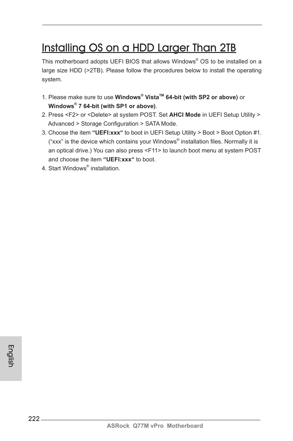 Installing os on a hdd larger than 2tb, English | ASRock Q77M vPro User Manual | Page 222 / 226