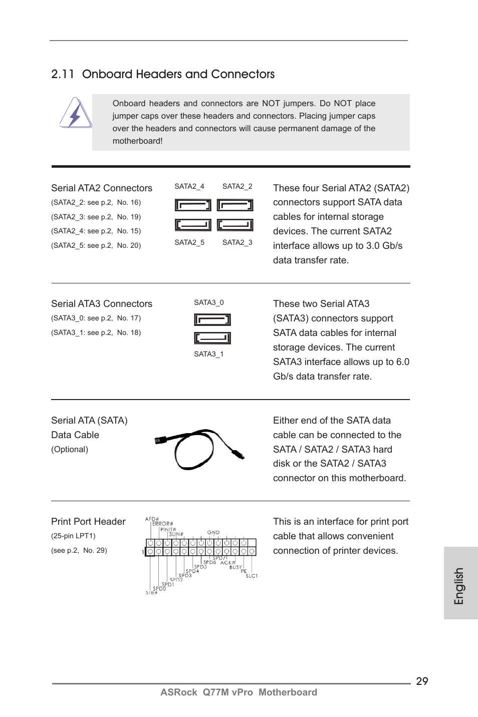 English 2.11 onboard headers and connectors | ASRock Q77M vPro User Manual | Page 29 / 226