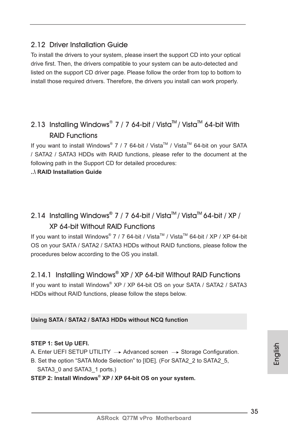 English 2.12 driver installation guide, 14 installing windows, 7 / 7 64-bit / vista | Vista, Bit / xp / xp 64-bit without raid functions, 1 installing windows, Xp / xp 64-bit without raid functions, 13 installing windows, Bit with raid functions | ASRock Q77M vPro User Manual | Page 35 / 226