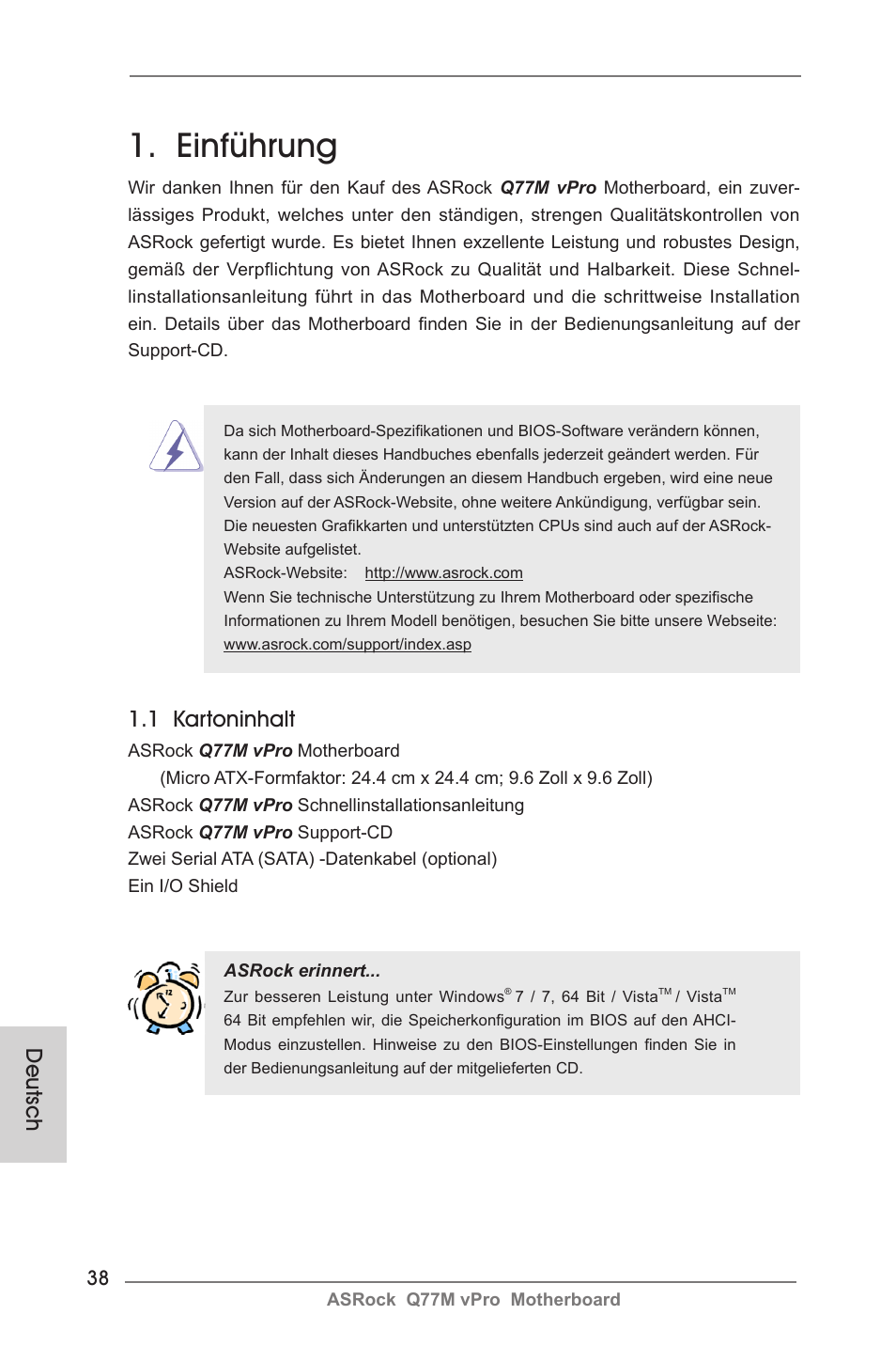German, Einführung, Deutsch | 1 kartoninhalt | ASRock Q77M vPro User Manual | Page 38 / 226