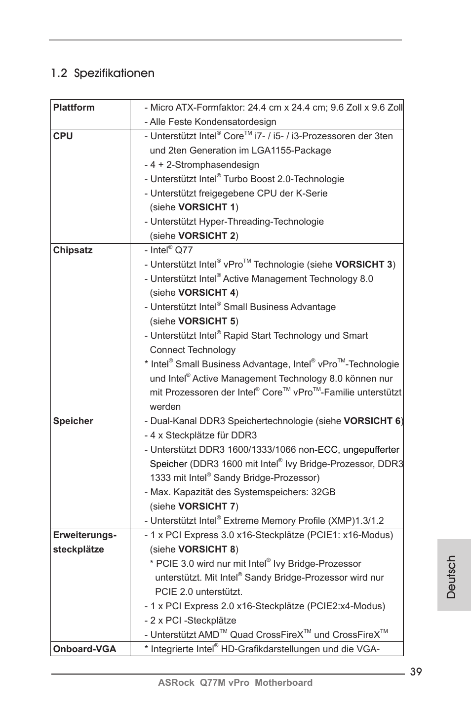 Deutsch 1.2 spezifikationen | ASRock Q77M vPro User Manual | Page 39 / 226
