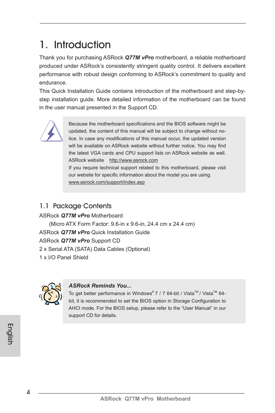 Introduction, 1 package contents, English | ASRock Q77M vPro User Manual | Page 4 / 226