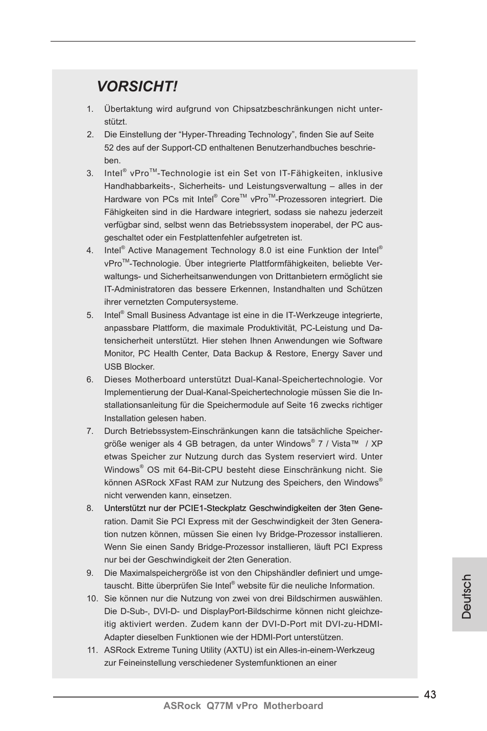 Vorsicht, Deutsch, Asrock q77m vpro motherboard | ASRock Q77M vPro User Manual | Page 43 / 226
