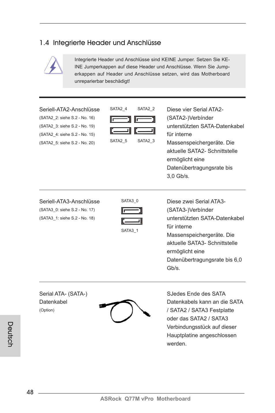 Deutsch 1.4 integrierte header und anschlüsse | ASRock Q77M vPro User Manual | Page 48 / 226