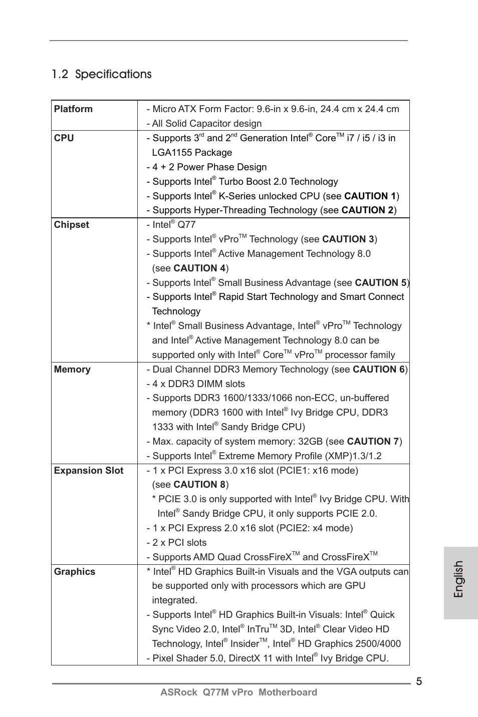 English 1.2 specifications | ASRock Q77M vPro User Manual | Page 5 / 226