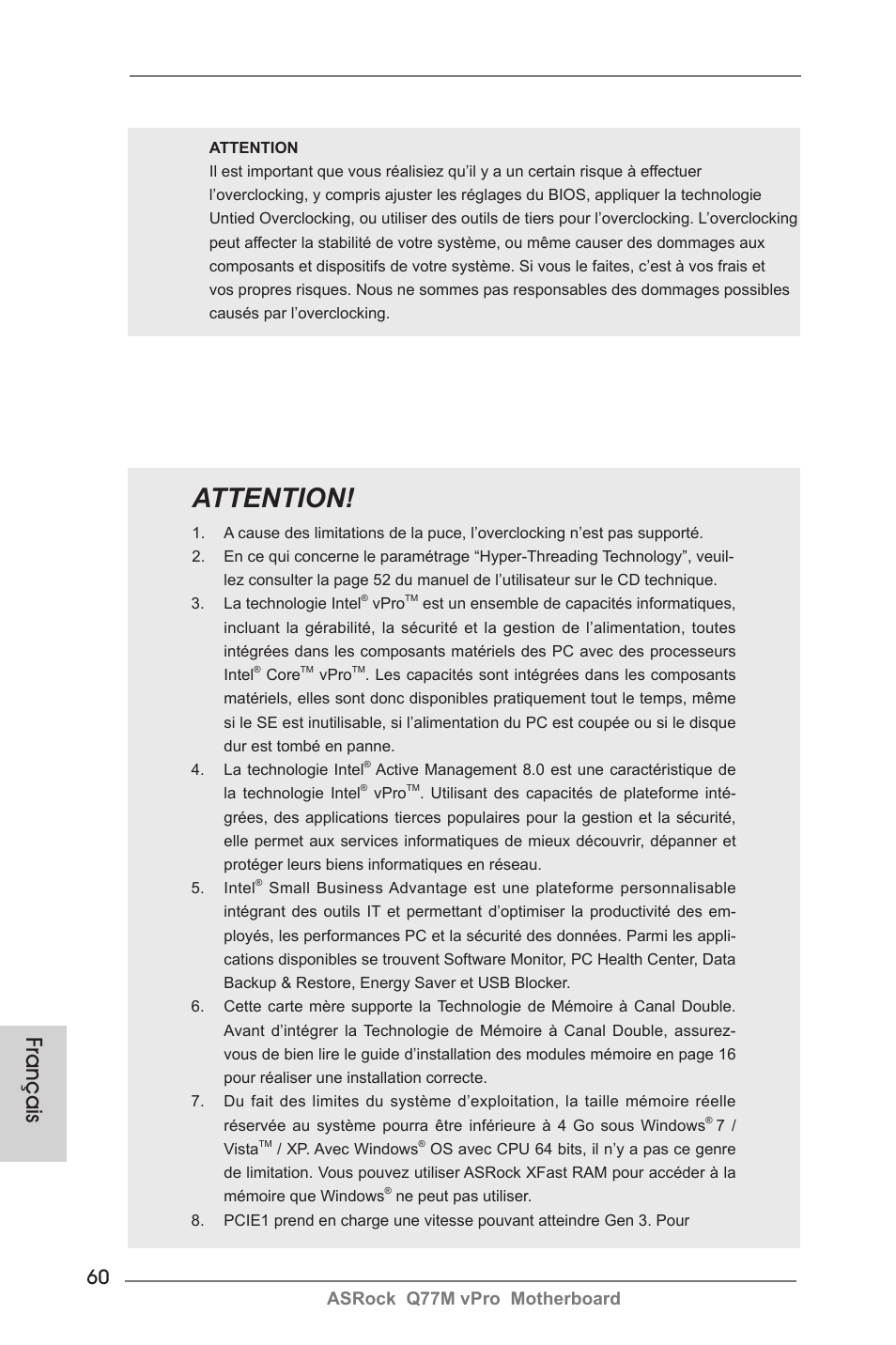 Attention, Français, Asrock q77m vpro motherboard | ASRock Q77M vPro User Manual | Page 60 / 226