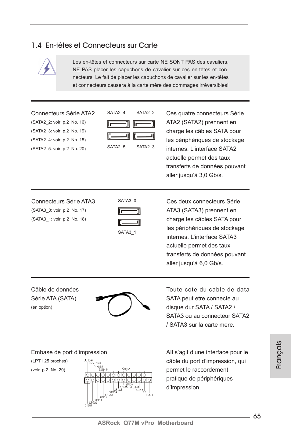 Français, 4 en-têtes et connecteurs sur carte | ASRock Q77M vPro User Manual | Page 65 / 226