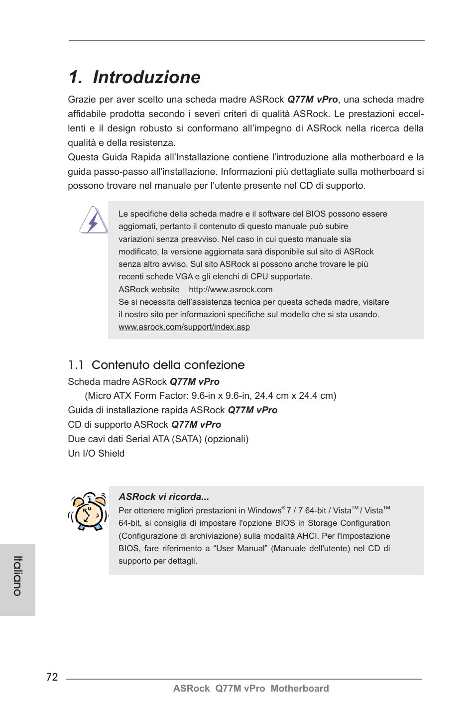 Italian, Introduzione, 1 contenuto della confezione | Italiano | ASRock Q77M vPro User Manual | Page 72 / 226
