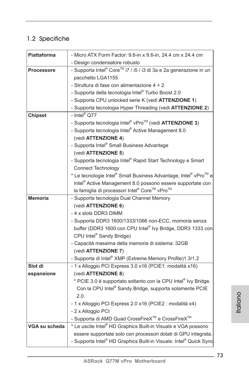 Italiano 1.2 specifiche | ASRock Q77M vPro User Manual | Page 73 / 226