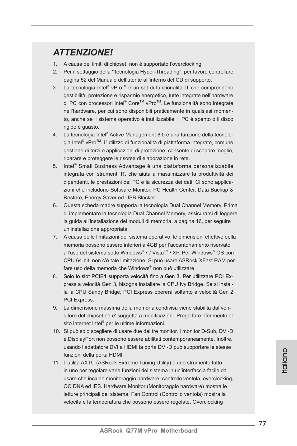 Attenzione, Italiano, Asrock q77m vpro motherboard | ASRock Q77M vPro User Manual | Page 77 / 226