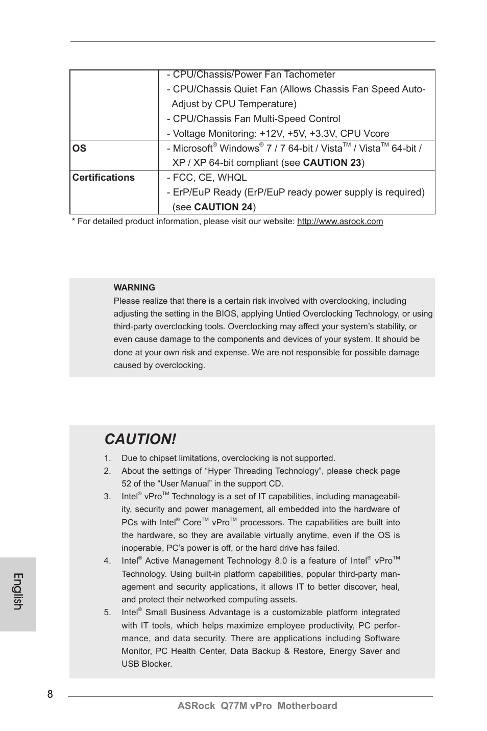 Caution, English | ASRock Q77M vPro User Manual | Page 8 / 226