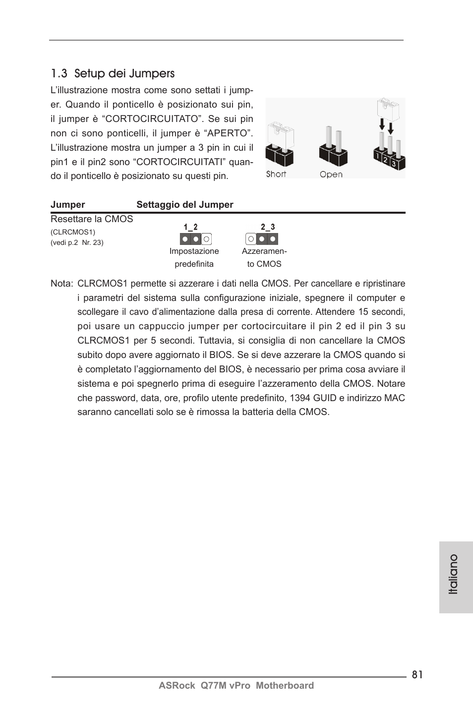 Italiano 1.3 setup dei jumpers | ASRock Q77M vPro User Manual | Page 81 / 226