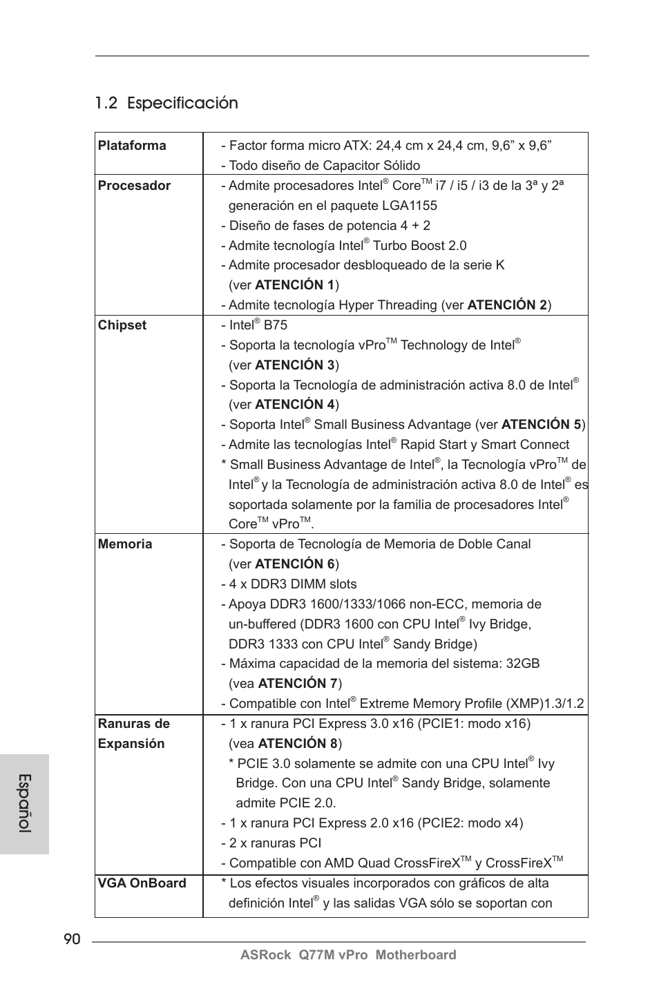 2 especificación, Español | ASRock Q77M vPro User Manual | Page 90 / 226