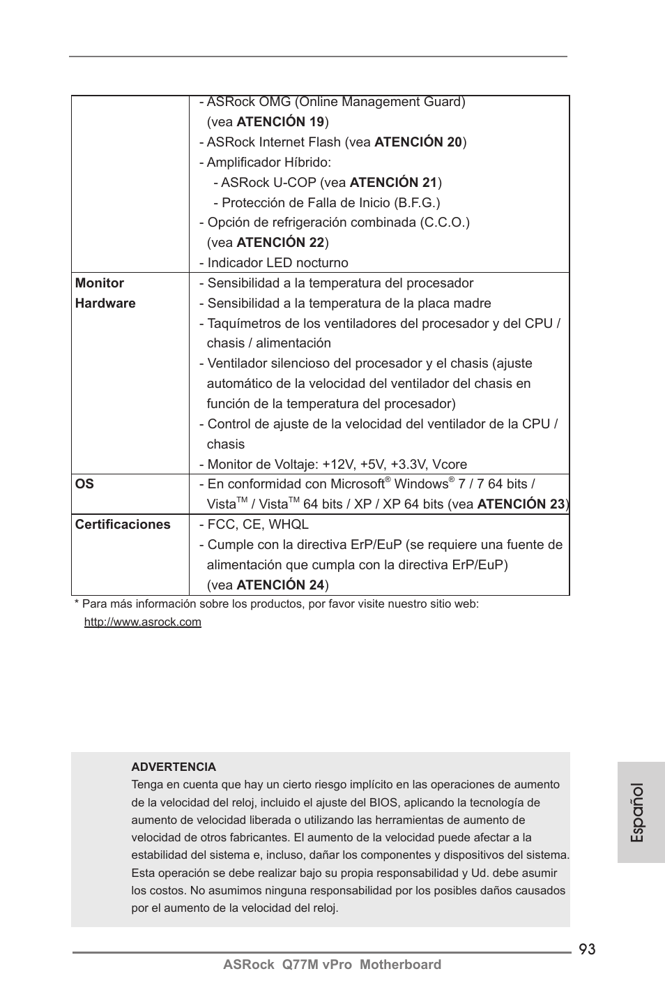 Español | ASRock Q77M vPro User Manual | Page 93 / 226