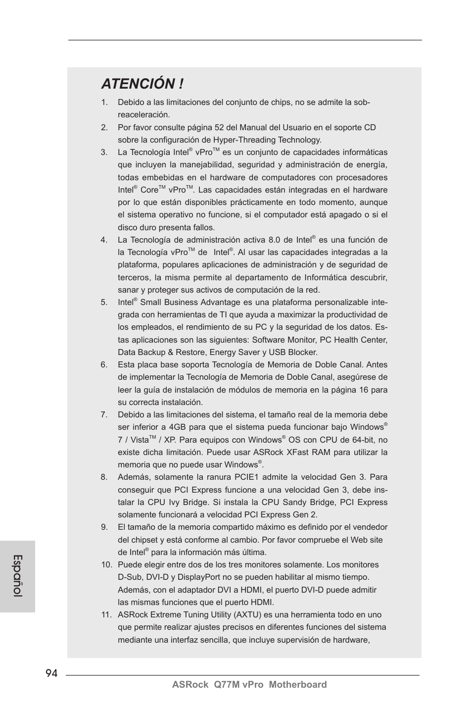 Atención, Español, Asrock q77m vpro motherboard | ASRock Q77M vPro User Manual | Page 94 / 226