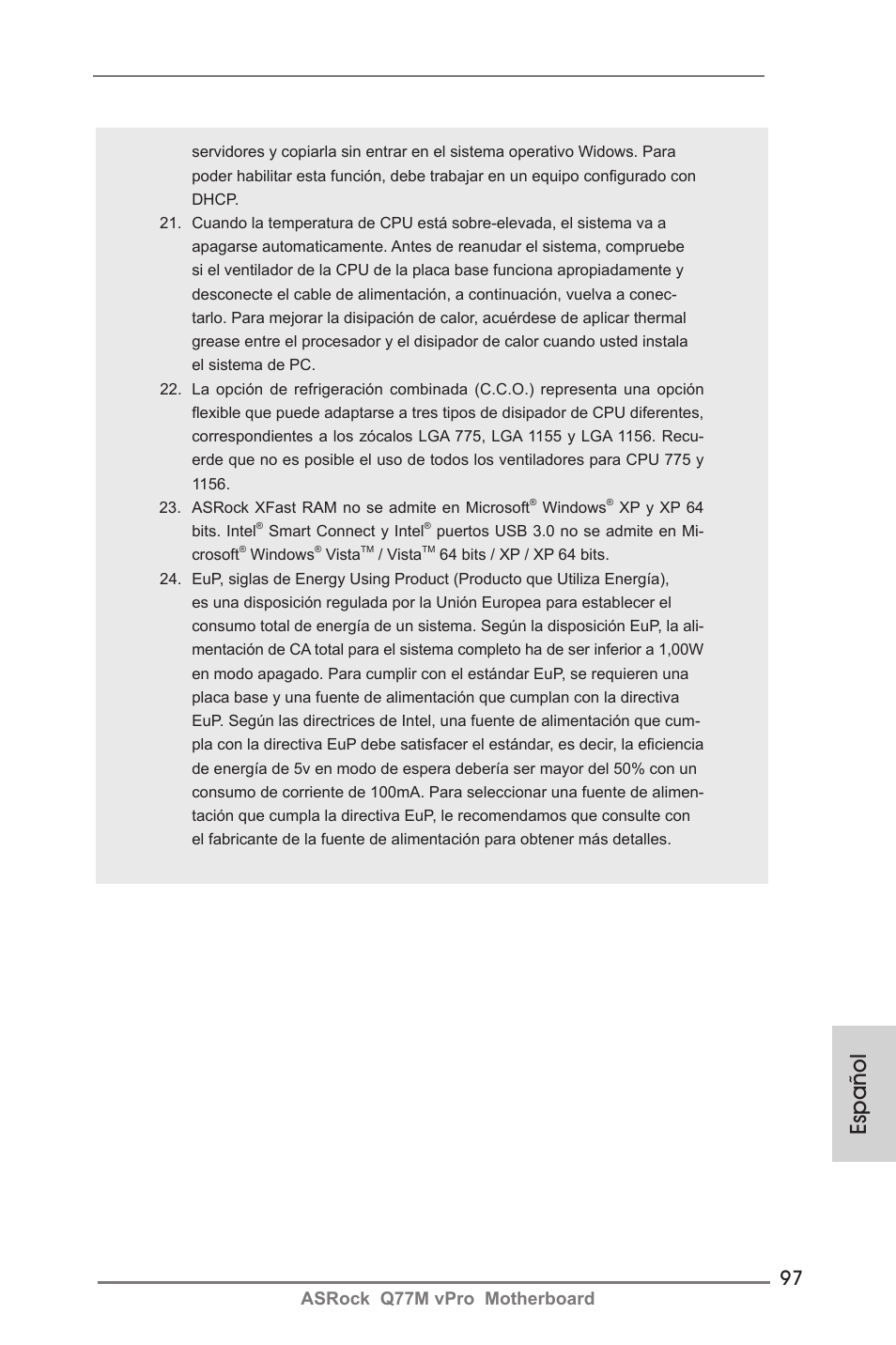 Español, Asrock q77m vpro motherboard | ASRock Q77M vPro User Manual | Page 97 / 226