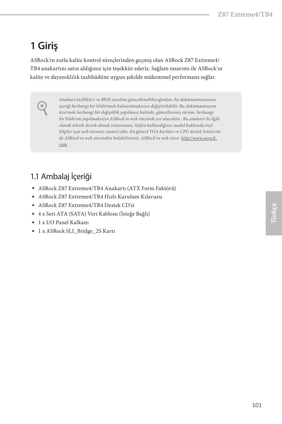 Turkish, 1 giriş, 1 ambalaj içeriği | ASRock Z87 Extreme4__TB4 User Manual | Page 103 / 175
