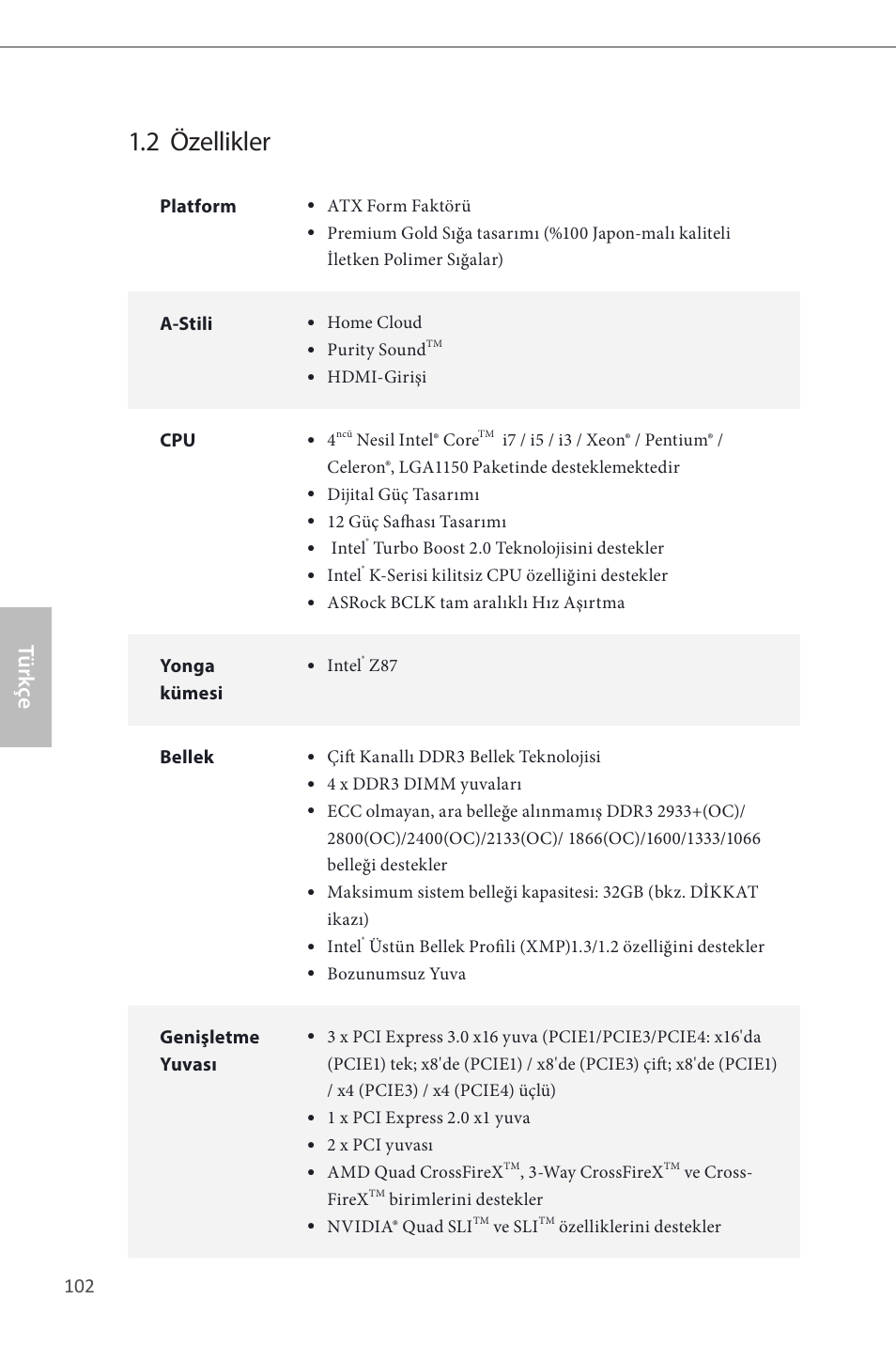 2 özellikler, Türk çe | ASRock Z87 Extreme4__TB4 User Manual | Page 104 / 175