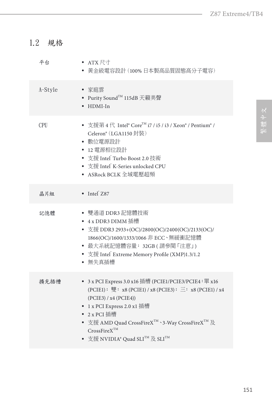 2 規格, Z87 extreme4/tb4, 繁體中文 | ASRock Z87 Extreme4__TB4 User Manual | Page 153 / 175