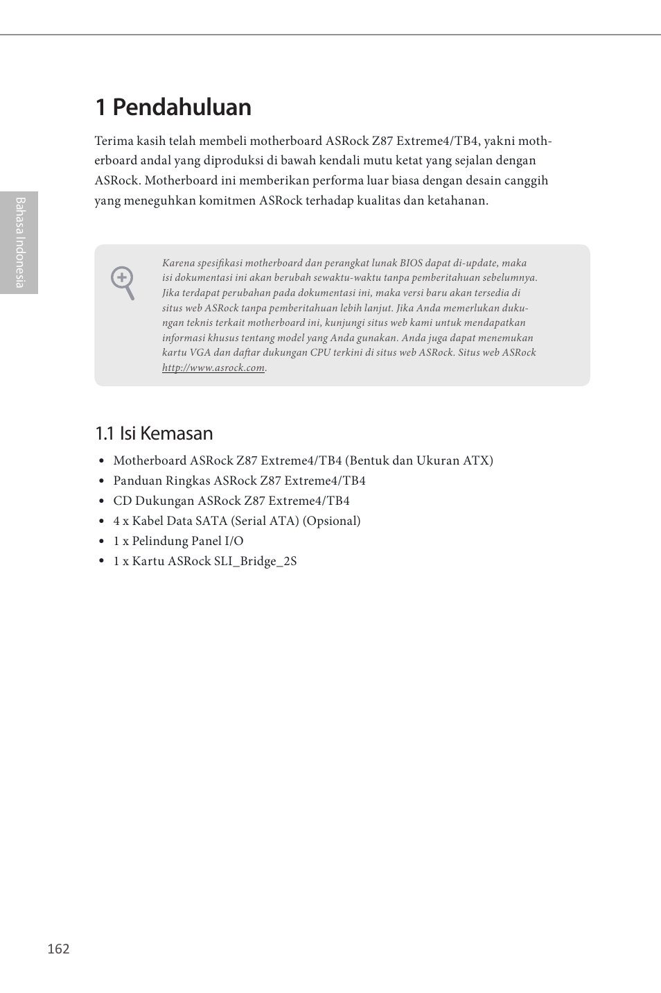 Indonesian, 1 pendahuluan, 1 isi kemasan | ASRock Z87 Extreme4__TB4 User Manual | Page 164 / 175