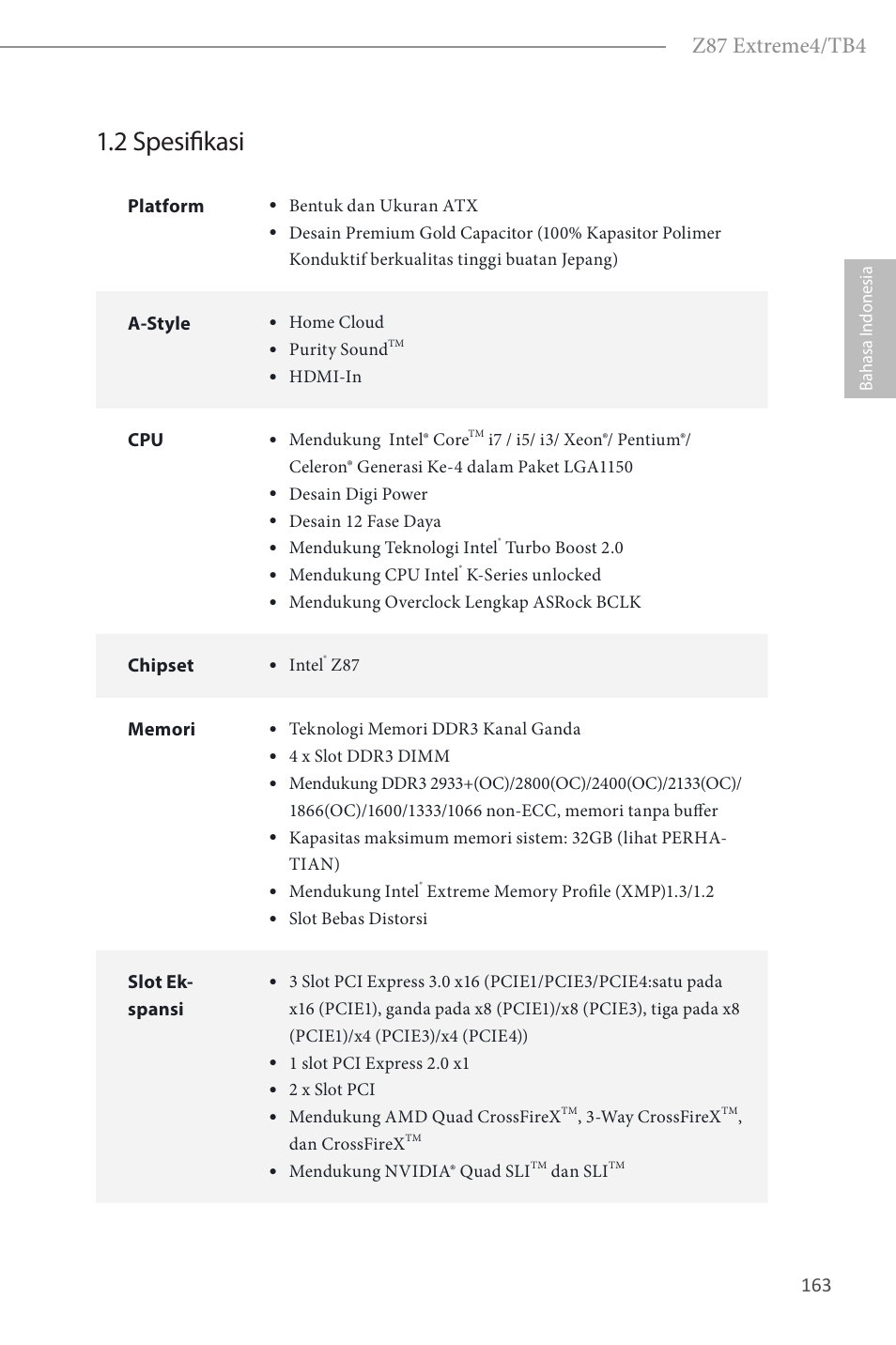 2 spesifikasi, Z87 extreme4/tb4 | ASRock Z87 Extreme4__TB4 User Manual | Page 165 / 175