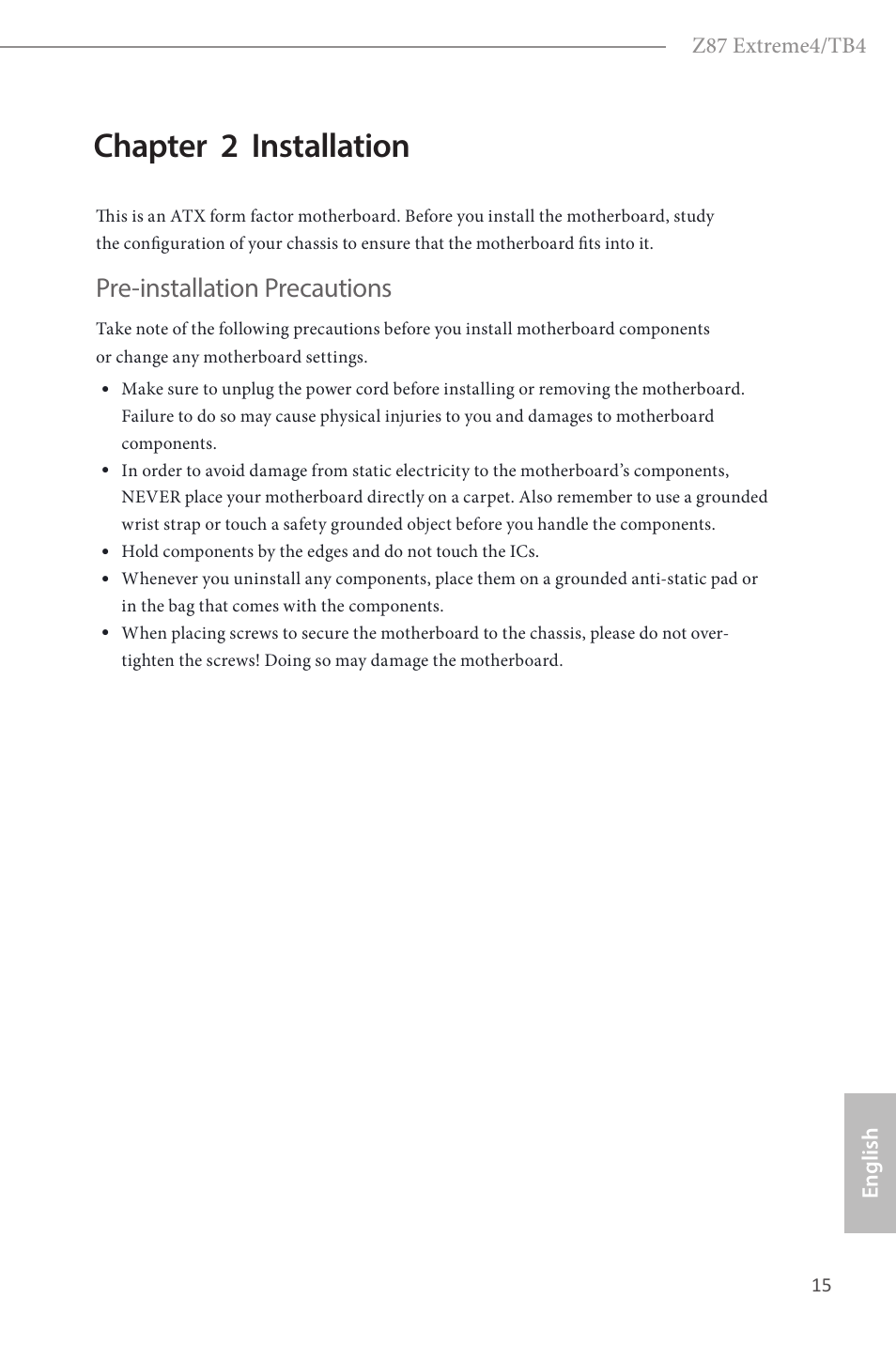 Chapter 2 installation, Pre-installation precautions | ASRock Z87 Extreme4__TB4 User Manual | Page 17 / 175