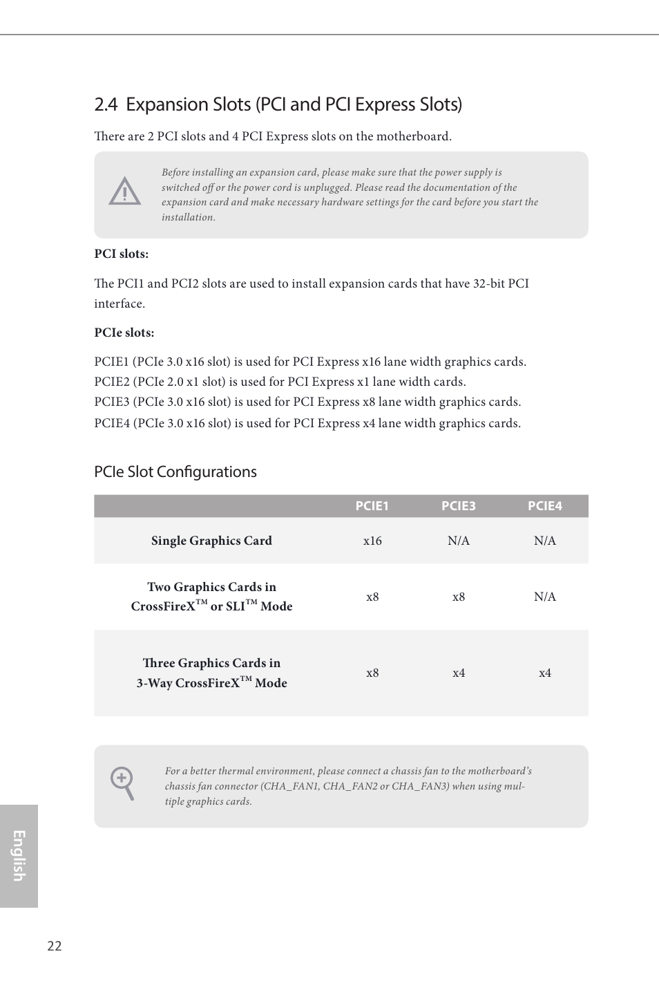4 expansion slots (pci and pci express slots), English, Pcie slot configurations | ASRock Z87 Extreme4__TB4 User Manual | Page 24 / 175