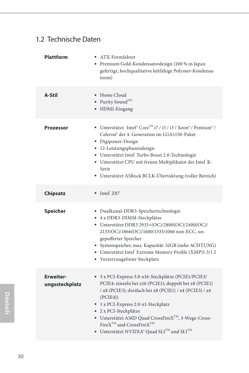 2 technische daten, Deutsch | ASRock Z87 Extreme4__TB4 User Manual | Page 32 / 175