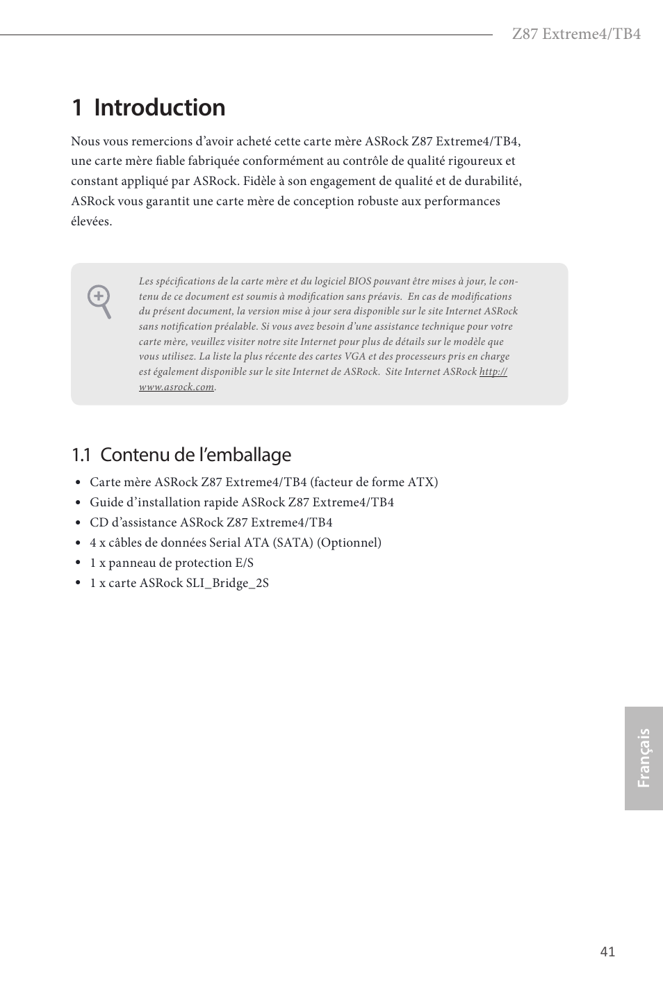 French, 1 introduction, 1 contenu de l’emballage | ASRock Z87 Extreme4__TB4 User Manual | Page 43 / 175