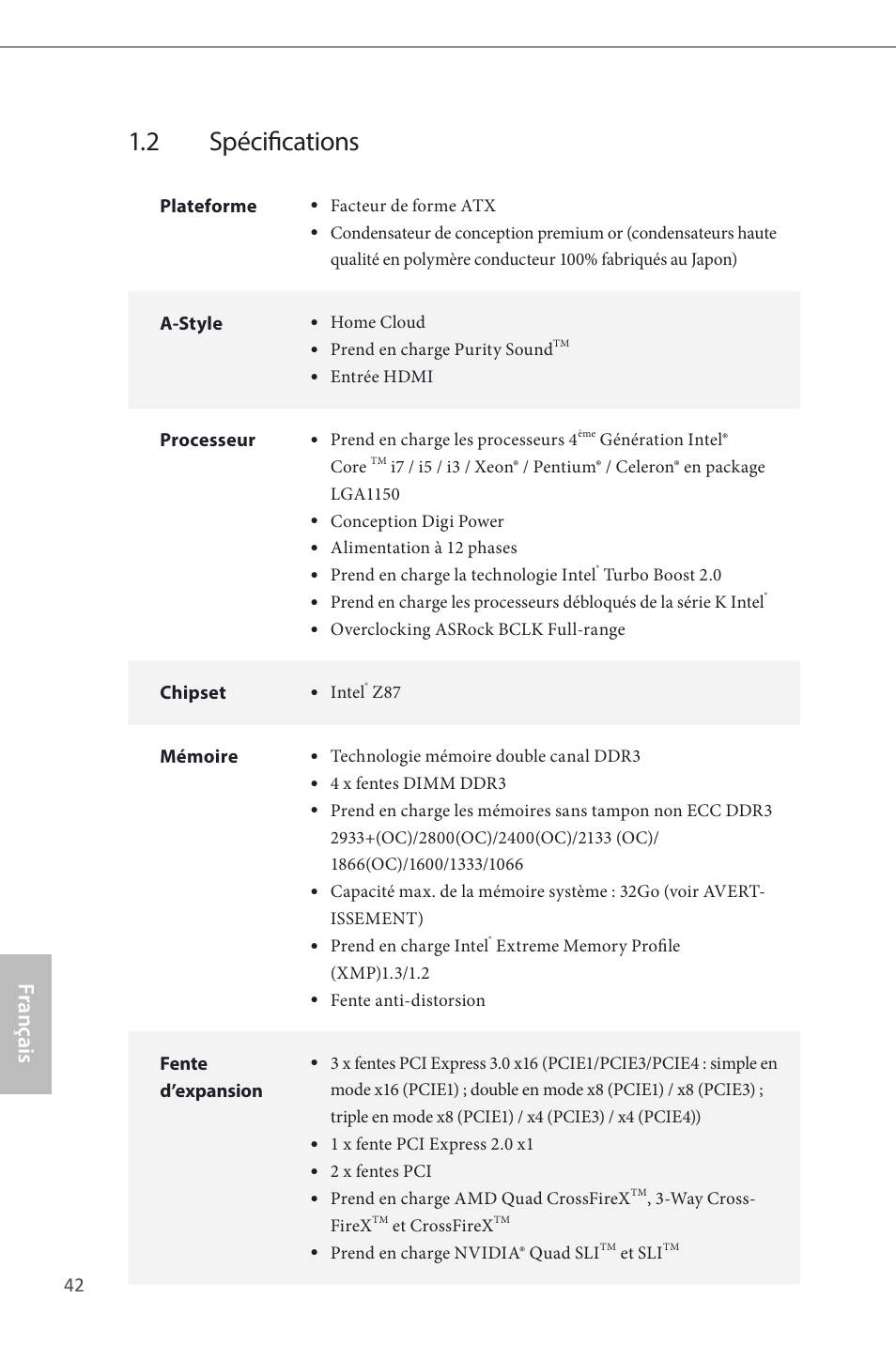 2 spécifications, Français | ASRock Z87 Extreme4__TB4 User Manual | Page 44 / 175