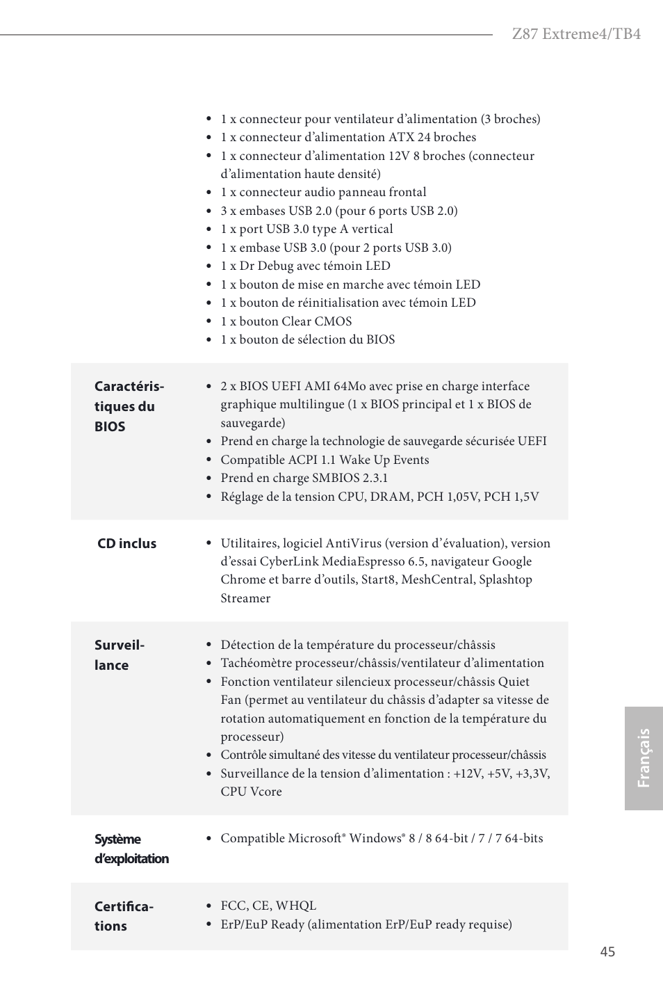 Z87 extreme4/tb4, Fr ançais | ASRock Z87 Extreme4__TB4 User Manual | Page 47 / 175