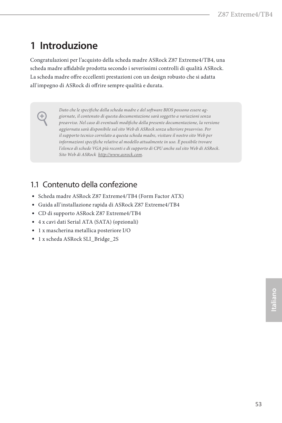 Italian, 1 introduzione, 1 contenuto della confezione | ASRock Z87 Extreme4__TB4 User Manual | Page 55 / 175