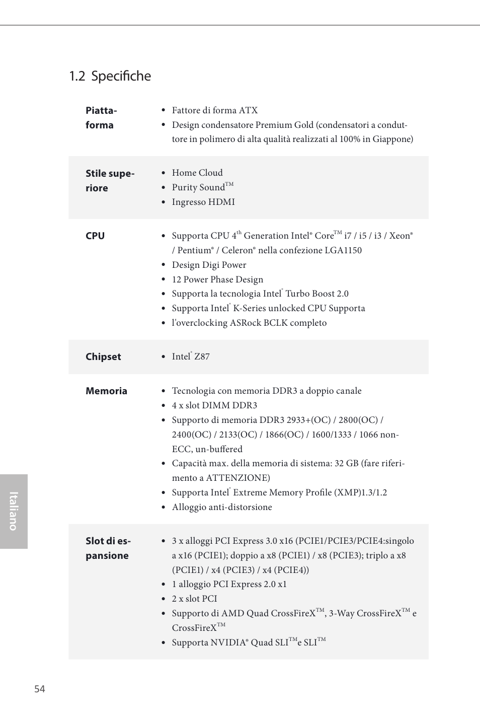 2 specifiche, Italiano | ASRock Z87 Extreme4__TB4 User Manual | Page 56 / 175