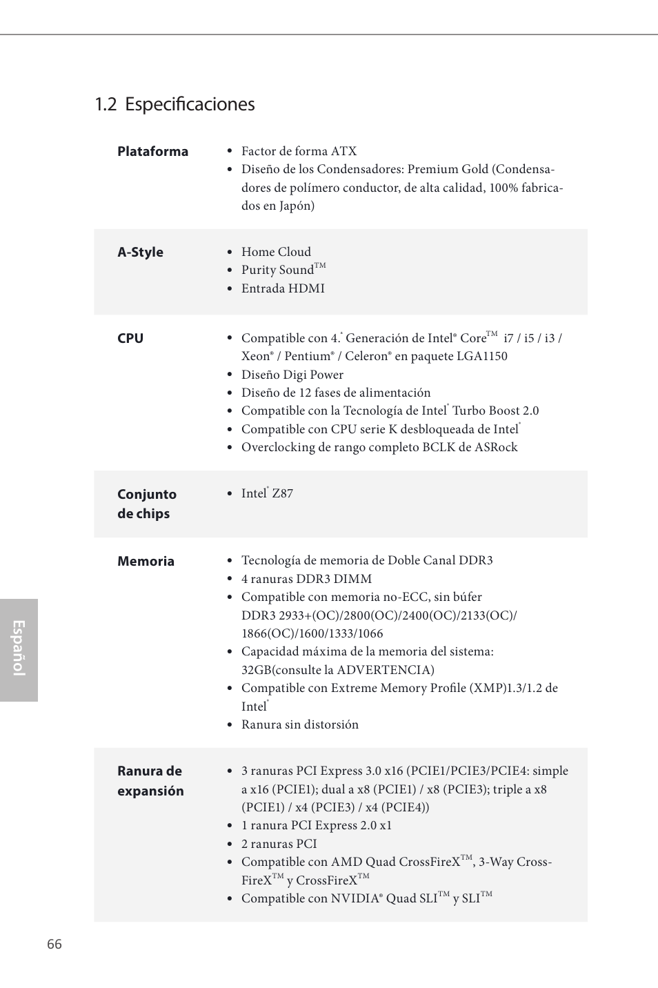 2 especificaciones, Español | ASRock Z87 Extreme4__TB4 User Manual | Page 68 / 175