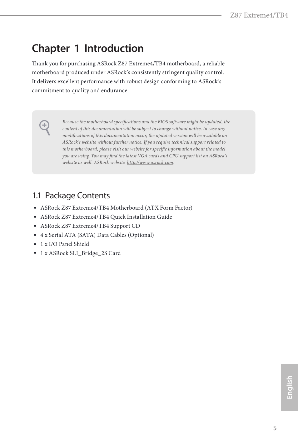 Chapter 1 introduction, 1 package contents | ASRock Z87 Extreme4__TB4 User Manual | Page 7 / 175
