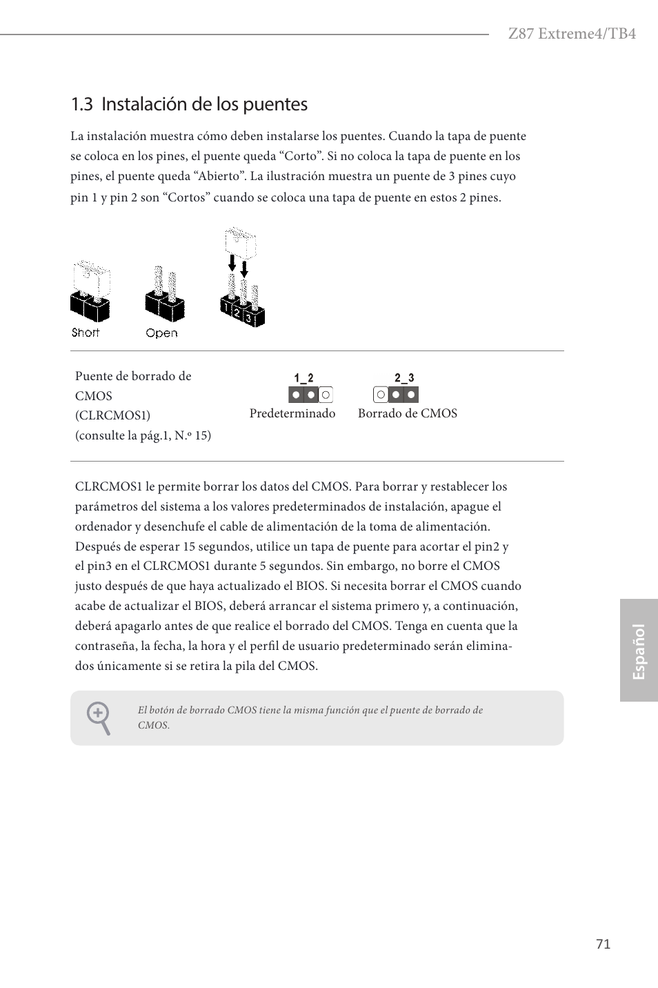 3 instalación de los puentes | ASRock Z87 Extreme4__TB4 User Manual | Page 73 / 175