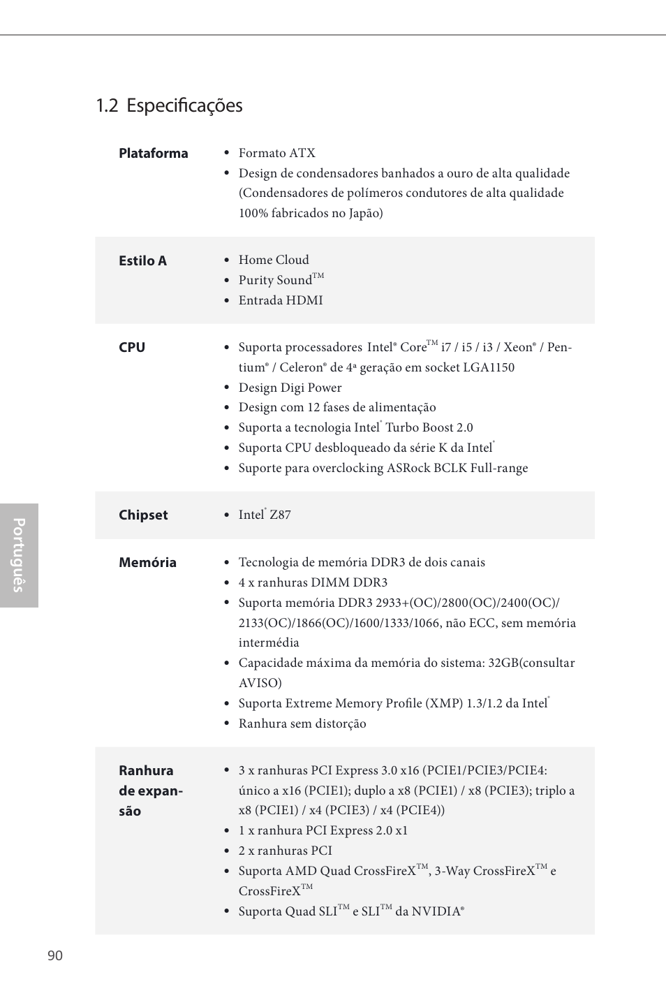 2 especificações, Por tuguês | ASRock Z87 Extreme4__TB4 User Manual | Page 92 / 175