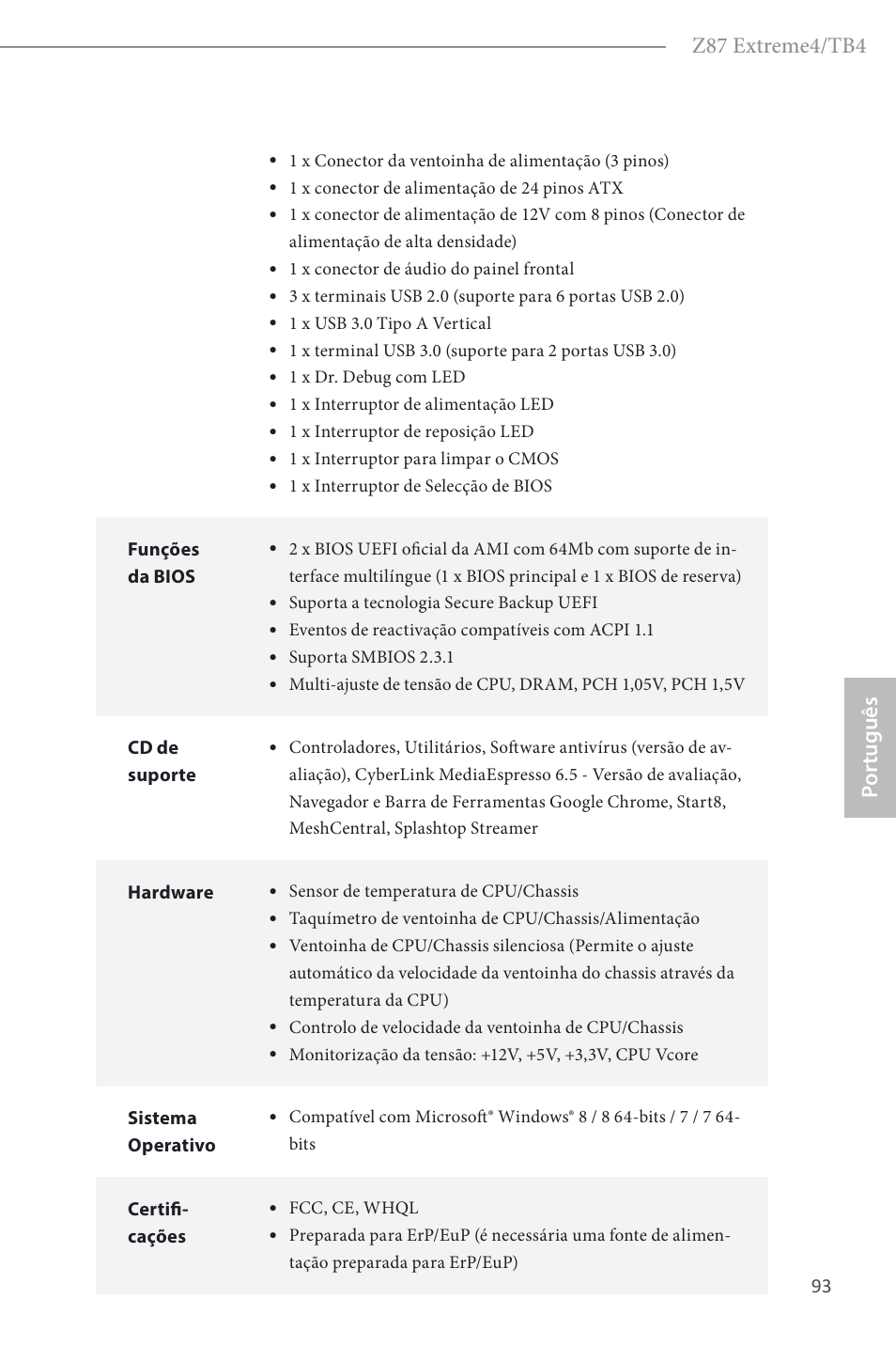 Z87 extreme4/tb4, Por tuguês | ASRock Z87 Extreme4__TB4 User Manual | Page 95 / 175