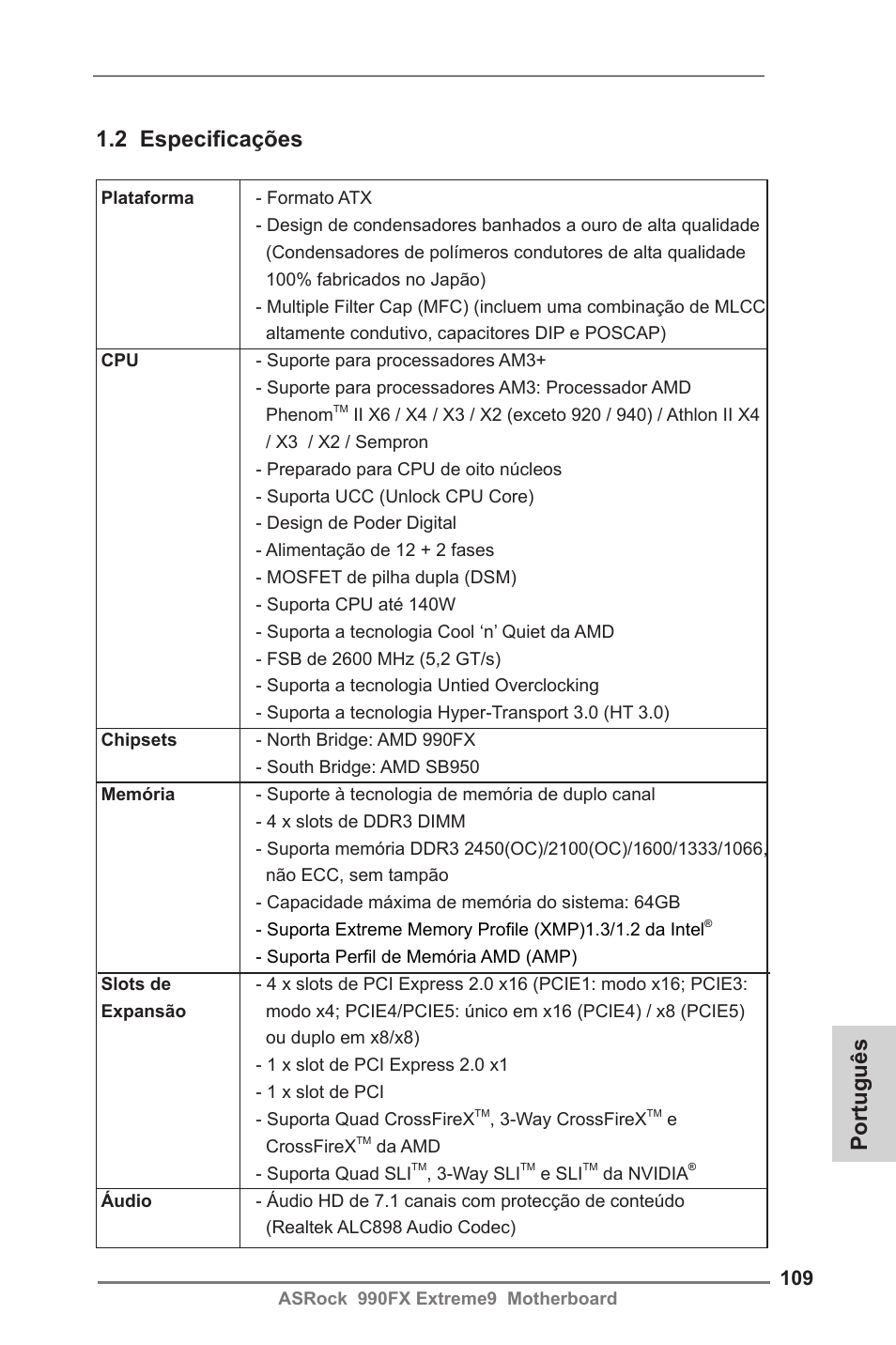 Português 1.2 especificações | ASRock 990FX Extreme9 User Manual | Page 109 / 193