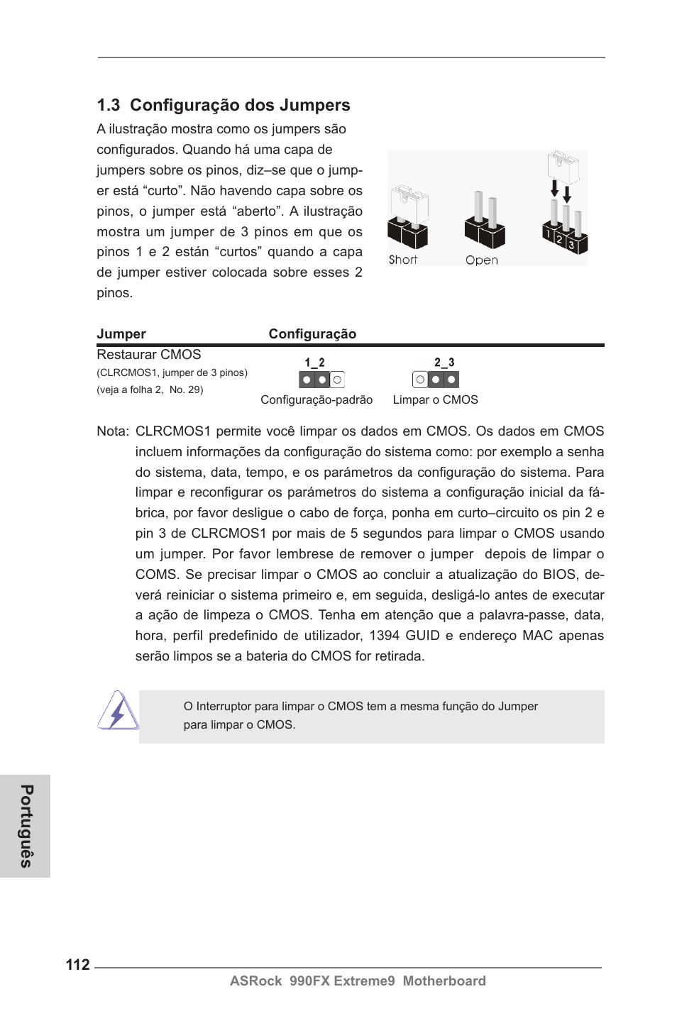 Português 1.3 configuração dos jumpers | ASRock 990FX Extreme9 User Manual | Page 112 / 193