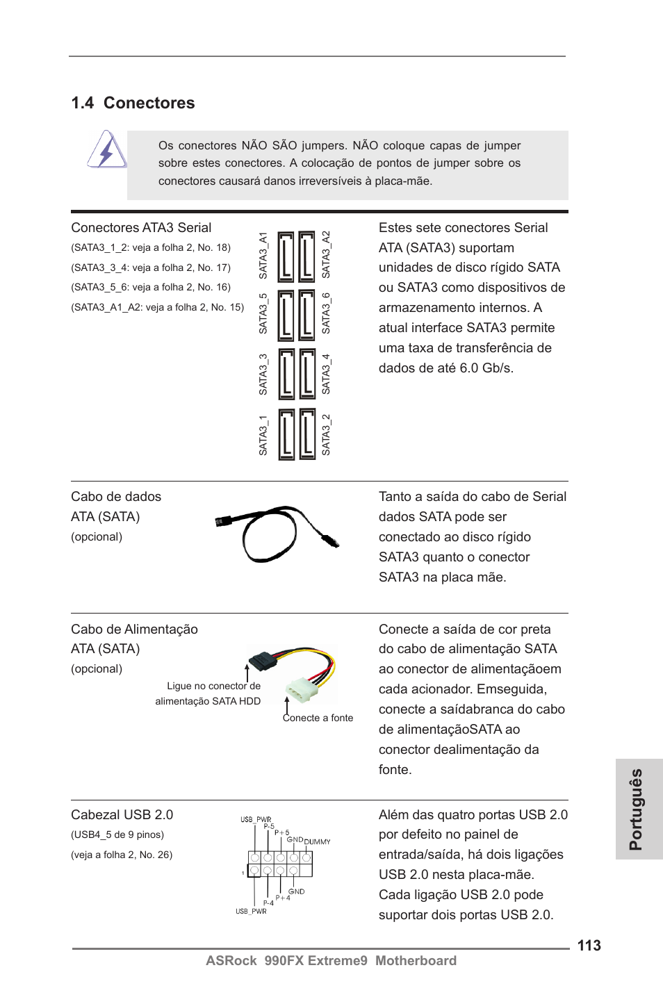 Português, 4 conectores | ASRock 990FX Extreme9 User Manual | Page 113 / 193